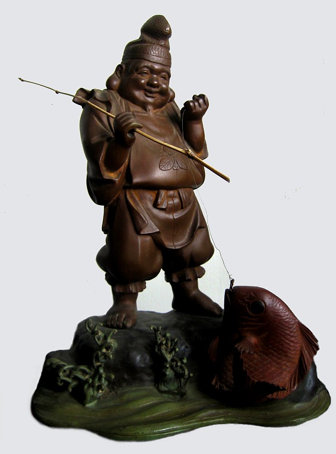 японский антиквариат: бронзовая фигура одного из Семи Богов Счастья Эбису, 1870-е гг., эпоха Мэйдзи