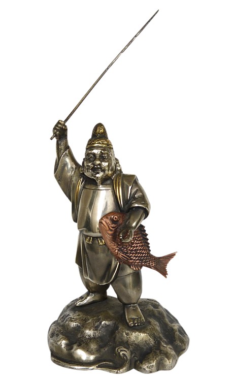 японский антиквариат: статуэтка бронзовая Эбису с рыбой в руке 