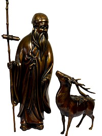 . Фукурокудзю с оленем, бронзовая статуэтка, 1920-е гг. японская антикварная бронза.