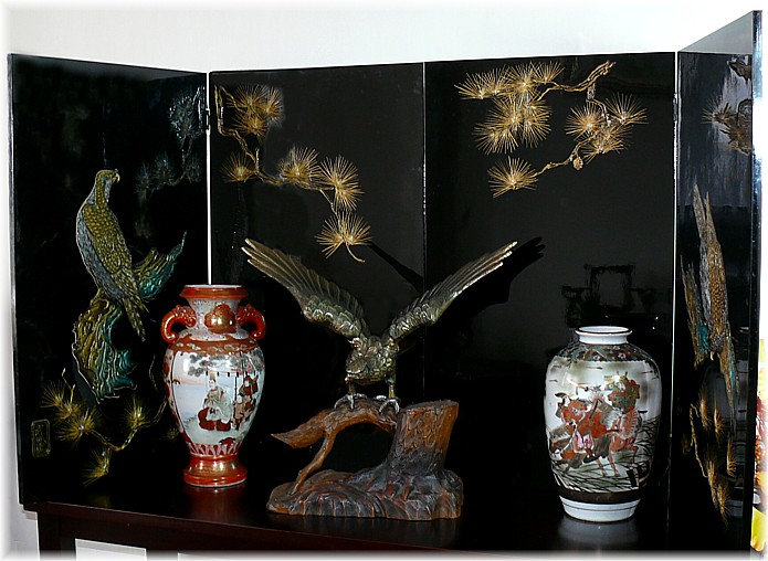 японская старинная деревянная ширма с росписью