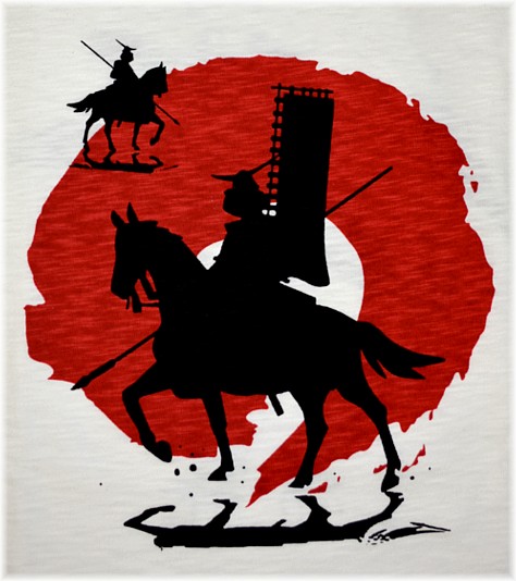 рисунок на мужской японской футболке в виде вдух самураев всадников