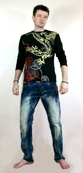 мужской лонгслив с двусторонним рисунком, мужские джинсы