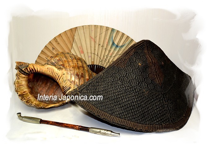 самурайский сигнальный горн ХОРАГАЙ, походная плетеная шляпа, курительная японская трубка