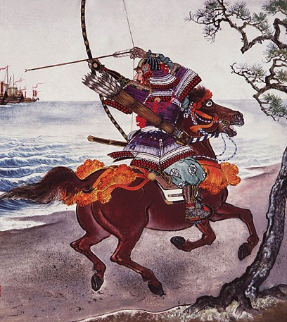 японская картина: самурай верхом на коне