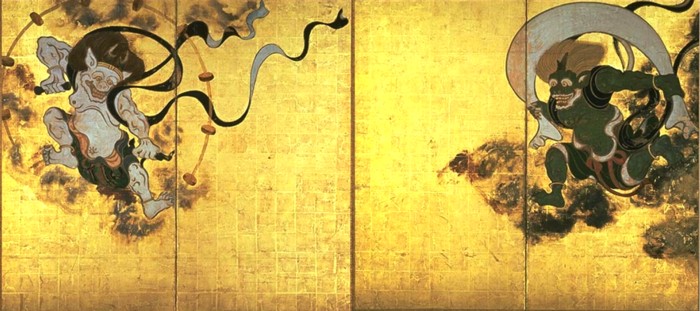 старинная японская ширма с изображениме двух повелителей стихий