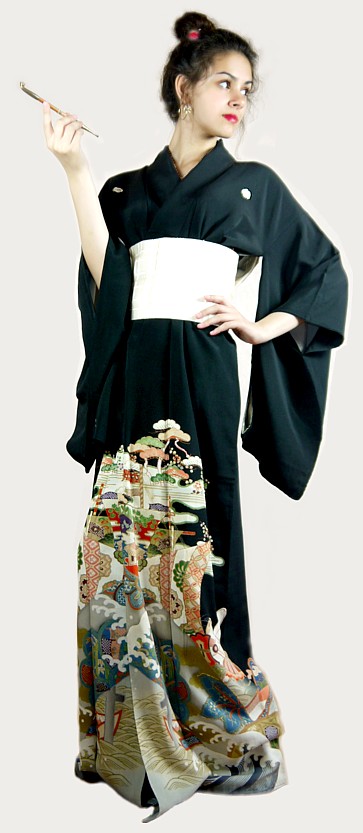 антикварное шелковое японское кимоно с авторской росписью