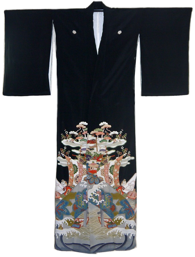 японское шелковое кимоно с авторским рисунком и вышивкой золотом