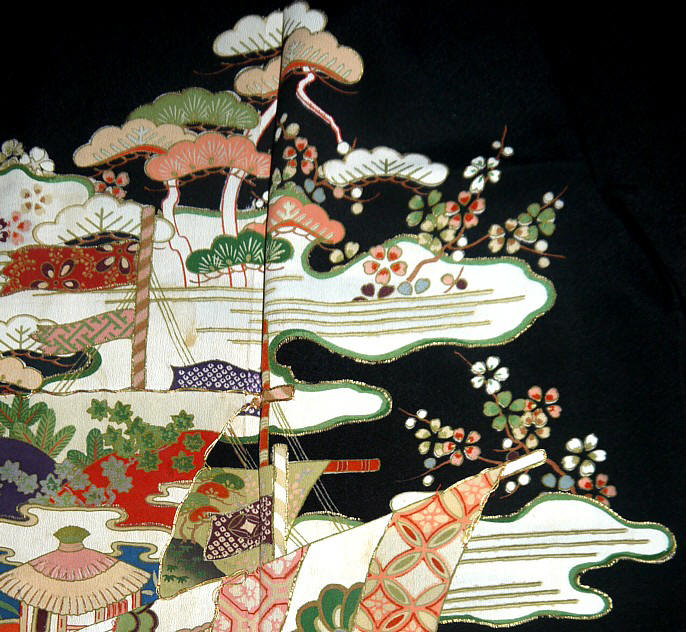 роспись и вышивка золотом  на шелке японского старинного кимоно