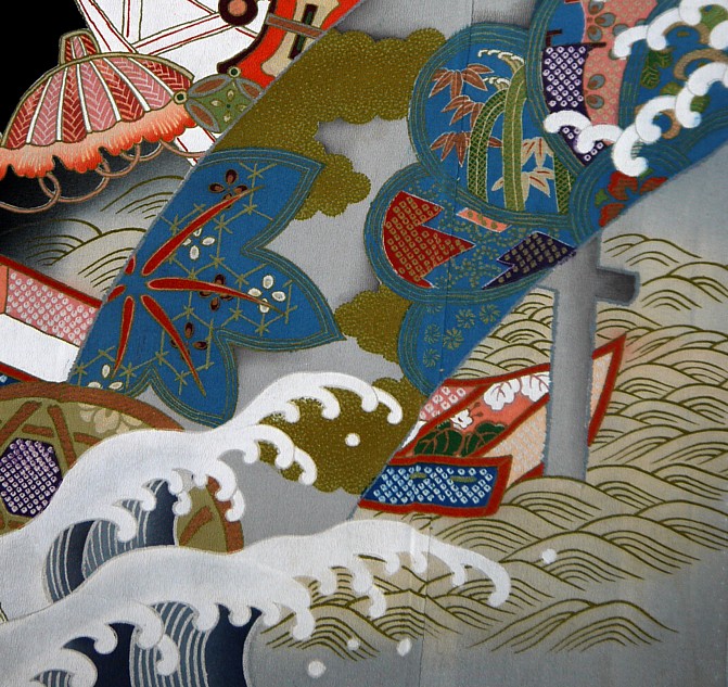 роспись на шелке японского антикварного женского кимоно